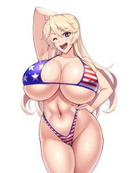 1girls american_flag american_flag_bikini armpits arms_behind_head bakunyuu belly_button bikini bikini_bottom bikini_top blonde_eyebrows blonde_hair blue_eyes breasts bursting_breasts cameltoe cleavage cleft_of_venus covered_erect_nipples covered_pussy curvaceous enormous_breasts erect_nipples erect_nipples_under_bikini erect_nipples_under_clothes erect_nipples_under_swimsuit eye_contact eyebrows_visible_through_hair female_focus fingernails flag flag_bikini hand_on_hip hi_res high_resolution highleg highleg_bikini highleg_bikini_bottom highleg_swimsuit highres hourglass_figure huge_breasts huge_nipples impossible_clothes impossible_swimsuit iowa_(kantai_collection) kantai_collection kawanuma_uotsuri long_hair looking_at_viewer massive_breasts navel nipples_bulge nipples_visible_through_bikini nipples_visible_through_bra nipples_visible_through_clothing one_eye_closed open_mouth plain_background posing puffy_nipples purple_eyes raised_arm seductive seductive_look simple_background single_female single_girl solo solo_female star star-shaped_pupils star_(symbol) star_print striped_bikini striped_bikini_bottom striped_bikini_top swimsuit symbol-shaped_pupils thick_thighs tight_bikini tight_clothing tight_fit top_heavy_breasts underboob undersized_clothes united_states_of_america upper_body voluptuous wavy_hair white_background wide_hips wink winking_at_viewer