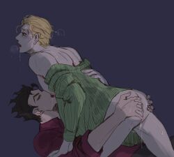 2boys adsword black_hair blonde blonde_eyebrows blonde_hair blonde_hair_male blonde_male blue_eyes blush blushing bottomless_male diamond_is_unbreakable drool drooling eyelashes eyes_closed gay jojo's_bizarre_adventure kosaku_kawajiri lactating lactation lactation_without_expressing licking licking_male_nipple licking_nipples male male/male male_lactation male_nipples male_only milk milk_drip milk_on_face milking mouth_open open_mouth open_shirt partially_clothed sweating yaoi yoshikage_kira