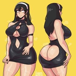 ass ass_cleavage ass_in_dress assless_dress black_dress black_hair blush bodycon butt_crack cleavage dress earrings embarrassed exposed_ass headband large_ass large_breasts little_black_dress loggus_doggus long_hair nail_polish red_eyes shiny_clothes shiny_hair shiny_skin short_dress short_skirt spy_x_family sweat sweatdrop sweaty sweaty_body wide_hips yor_briar yor_forger