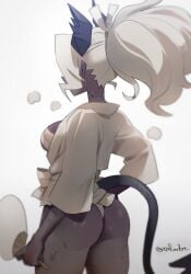 1girls 2022 ass back back_view bare_legs breasts clothed clothed_female clothes clothing dark-skinned_female dark_skin demon demon_girl demon_horns demon_tail fan female from_behind fully_clothed hair heat_(temperature) helltaker hi_res holding_fan holding_object horned_humanoid horns humanoid judgement_(helltaker) long_hair long_tail looking_away medium_breasts noaharbre ponytail rear_view sideboob signature simple_background solo spade_tail standing steam steaming_body sweat sweatdrop sweating sweaty_breasts sweaty_butt sweaty_thighs tail thighs three-quarter_portrait traditional_clothes white_background white_hair