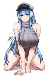 1girls 2022 2d adult adult_female airisubaka akame_ga_kill! alternate_costume artist_name artist_signature big_breasts blue_eyes blue_hair breasts cap closed_mouth curvaceous curves dark_eyes esdeath_(akame_ga_kill!) fair-skinned_female fair_skin female female_only hat huge_breasts human human_female kneeling large_breasts light-skinned_female light_skin long_hair looking_at_viewer military_hat no_sex plain_background purple_eyes simple_background sleeveless solo solo_female straight_hair thick_thighs thighs villain villainess virgin_killer_sweater white_background