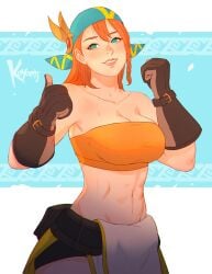 1girls abs big_breasts blacksmith blue_eyes koyorin looking_at_viewer minayle monster_hunter monster_hunter_rise orange_hair smile solo sweat sweatdrop thumbs_up toned toned_female