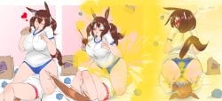 2girls accidental_fart animal_ears ass_grab ass_on_face big_ass big_breasts big_butt biko_pegasus_(umamusume) blush brown_hair burrito closed_eyes eating eating_farts embarrassed facesitting fart fart_cloud fart_fetish farting farting_in_face female_only forced_to_sniffing gym_uniform hishi_akebono_(umamusume) lazei lingering_stench looking_back mexican_food multiple_girls rear_view smile taco_bell tail tears thick_thighs umamusume yuri