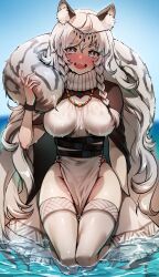 1girls 2022 :) animal_ear_fluff animal_ears arknights big_breasts big_thighs blue_eyes blush blushing_profusely braid braided_hair breasts busty cat_ears cat_girl cat_tail cloud curvaceous curvy cute cute_fang day dem_legs female female_only fluffy_ears fluffy_tail foxy_rain_(foxyreine) foxyrain_(foxyreine) foxyreine hair_ornament hips huge_breasts huge_thighs kneeling large_breasts large_thighs legs leopard_ears leopard_girl leopard_tail long_hair looking_at_viewer massive_breasts massive_thighs naughty_smile nervous nervous_smile pelvic_curtain pramanix_(arknights) seductive seductive_look shy side_braid simple_background skindentation slim_waist smile solo solo_female tail thick_legs thick_thighs thighhighs thighs tight_clothing very_long_hair voluptuous waist wasp_waist wet wet_body wet_clothing white_hair wide_hips