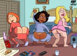 3girls alternate_version_available american_dad ass ass_cleavage ass_focus ass_shake ass_up asshole big_ass big_butt black_hair blonde_female blonde_hair bouncing_ass breasts butt butt_crack butt_flap butt_focus crossover crouching dancing donna_tubbs family_guy female_only francine_smith gkg huge_ass huge_butt large_ass large_butt lips lois_griffin looking_back massive_ass milf multiple_girls onesie orange_hair pajamas partially_clothed picot_trim picot_trim_lingerie presenting_hindquarters rear_view shaking_ass shaking_butt smile smiling the_cleveland_show twerk twerking