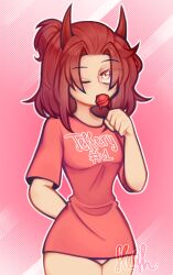 ashh_(fresh) blush eyebrows_visible_through_hair female female_only horns lolipop looking_at_viewer medium_breasts one_eye_closed red_eyes red_hair red_shirt roblox shimapan slim sole_female source_request sucking_lollipop tagme tied_hair tylette_(narcissixtfear)