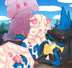 1boy alcremie anthro anthro_penetrating blush bodily_fluids cum cum_inside dominant dominant_female duo female female_on_top female_penetrated genital_fluids group hi_res kageyama looking_pleasured lucario male male/female male_penetrating male_penetrating_female nintendo on_top orgasm pokemon pokemon_(species) sex smile smirk smug tears video_games