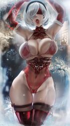 1girls absurd_res against_glass big_breasts blindfold bob_cut bra breasts christmas female female_focus female_only leotard massive_breasts nier nier:_automata sakimichan solo solo_female solo_focus thighhighs tongue tongue_out white_hair wide_hips yorha_2b
