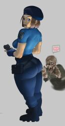 1girls ass beret from_behind full_body interspecies jill_valentine jill_valentine_(julia_voth) pistol police_uniform resident_evil short_hair simple_background standing whiteflagman zombie