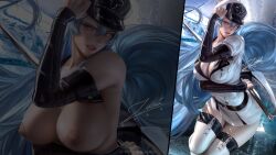 1girls akame_ga_kill! alternate_version_available artist_signature big_breasts blue_hair breasts curvaceous curvy esdeath_(akame_ga_kill!) female female_only hi_res highres huge_breasts human large_breasts long_hair looking_at_viewer military military_hat nipples patreon_reward seductive_look seductive_smile solo solo_female solo_focus thick_thighs very_high_resolution zumi