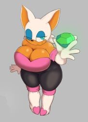 1girls 2022 anthro bat big_breasts breasts cleavage clothing elbow_gloves emerald_(gem) eyeshadow female gem hi_res holding_object large_breasts looking_up one_eye_closed pancaketomo rouge_the_bat sega smile solo sonic_(series) thick_thighs wide_hips wink