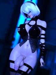 1futa 3d balls big_balls big_breasts big_penis blindfold bottomless breasts elyria_steele flaccid french_nails futa_only futanari hairband light-skinned_futanari light_skin nier nier:_automata penis short_hair solo solo_futa standing white_hair yorha_2b