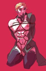 1boy adsword areola areolae big_areola big_nipples biting_tie blonde blonde_eyebrows blonde_hair blonde_hair_male blonde_male blue_eyes diamond_is_unbreakable flaccid jojo's_bizarre_adventure male male_in_lingerie male_nipples male_only muscular_bottom muscular_male nipples on_display partially_clothed penis presenting rope rope_bondage seductive shibari solo tagme thighhighs thighs tied_up yoshikage_kira