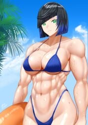 abs absurdres bangs bikini black_hair blue_hair bob_cut breasts cleavage diagonal_bangs female genshin_impact green_eyes highleg highleg_swimsuit highres holding innertube large_breasts looking_at_viewer multicolored_hair muscular muscular_female ryo_(ryo_artys) short_hair smile solo sweat swimsuit yelan_(genshin_impact)