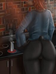 anthro ass beverage bottomless canid canine canis clothed clothing coffee domestic_dog female francine_(ruanshi) genitals hi_res kitchen mammal pussy ruanshi solo