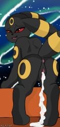 absurd_res anus big_ears black_body black_fur bodily_fluids cum cum_from_pussy cum_in_pussy cum_inside cum_on_ground eeveelution female feral fur genital_fluids happy hi_res impregnation kirtapsart looking_back looking_pleasured nintendo paws pokémon_(species) pokemon red_eyes ring simple_background solo standing umbreon video_games