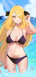 1girl 1girls bangs_over_one_eye bikini black_bikini black_bikini_bottom black_bikini_top black_hair_ornament blonde_hair breasts clouds cynthia_(pokemon) female female_only in_water large_breasts long_hair looking_at_viewer nintendo okuro pokemon pokemon_dppt sea sky solo solo_female solo_focus swimsuit swimwear wide_hips