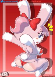 2022 animal_crossing anthro ass bikini blue_eyes breasts bunny bunny_ears bunny_girl digital_media_(artwork) fan_character fur furry jackintaro looking_at_viewer nintendo oc pink_fur pink_hair ponytail ribbon simple_background