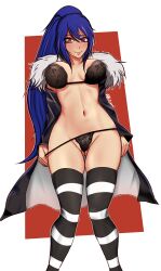 1girls big_breasts blue_hair female female_only high_socks jin_sahyuk katsunei looking_at_viewer panties smile smiling smiling_at_viewer solo solo_female striped_socks the_novel's_extra thighhighs undressing undressing_self