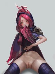 1girls 2020 animal_ears blush blushing censored dress dress_lift facial_markings hood hood_up league_of_legends mouth_hold navel no_panties oh-yeeeeeah presenting presenting_pussy pussy red_hair riot_games sitting tagme thighhighs vastaya xayah yellow_eyes