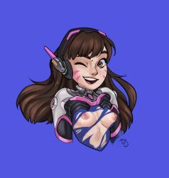 1girls blizzard_entertainment blush breasts brown_eyes brown_hair d.va female female_only light-skinned_female overwatch perky_breasts ripped_clothing tobiart wink