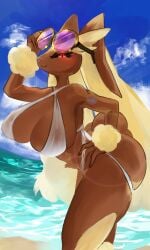 anthro ass beach big_breasts big_ears bikini black_sclera breasts brown_body brown_fur bunny_ears bunny_girl bunny_tail cleavage clothed clothing cloud contrail curvy_figure day eyebrows eyelashes eyewear female fingers fur furry glasses hi_res huge_breasts kadomarco lagomorph leporid looking_at_viewer lopunny mammal micro_bikini nails navel nintendo nipple_outline outside pink_eyes pokémon_(species) pokemon pokemon_(species) round_glasses sand seaside side-tie_bikini skimpy skimpy_bikini smile smiling_at_viewer solo standing standing_in_water swimwear tan_body tan_fur thick_thighs under_boob video_games