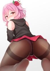 ass ass_focus back_view butt_focus exposed_shoulders female flower_in_hair hoodie looking_at_viewer looking_back nijisanji nijisanji_en panties pantyhose pink_hair pout red_eyes rose rose_(flower) rosemi_lovelock sleepypudding solo solo_female solo_focus under_skirt virtual_youtuber