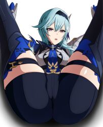 ass blue_hair blue_necktie breasts crotch eula_(genshin_impact) female female_only genshin_impact hairband legwear leotard looking_at_viewer lying lying_on_back makiri_akira necktie on_back open_mouth simple_background solo spread_legs sweatdrop thick_thighs thigh_strap thighhighs white_background