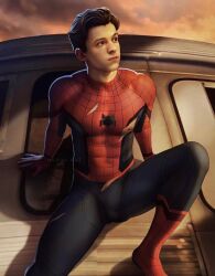 actor bulge celebrity clothed in_character looking_away male_only marvel marvel_cinematic_universe muscles muscular muscular_male nerdyart peter_parker realistic ripped_clothing spider-man spider-man_(tom_holland) spread_legs tom_holland