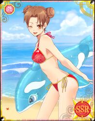 1girls beach bikini breasts brown_eyes brown_hair cloud double_bun female female_only holding_object inflatable_orca inflatable_toy inflatable_whale looking_at_viewer naruto naruto_(series) ocean outdoors side-tie_bikini sky solo solo_focus swimsuit tenten wink