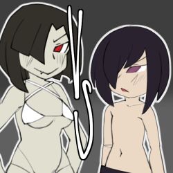 black_hair black_hair_female black_hair_male duo konica_(npc5554) noah_(npc5554) npc5554 purple_eyes red_eyes sexfight sexual_competition text topless topless_male white_skin