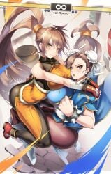 2girls ass_grab barrel big_breasts boots bracelet breasts brown_eyes brown_hair bun_cover capcom catfight chinese_clothes chun-li crossover dnf_duel double_bun dungeon_and_fighter earrings female female_only fight gainoob hair_bun health_bar highres hug human jewelry large_breasts long_hair looking_at_viewer low-tied_long_hair multiple_girls pantyhose pearl_earrings ponytail pretending puffy_short_sleeves puffy_sleeves short_sleeves smile spiked_bracelet spikes street_fighter striker_(dungeon_and_fighter) very_long_hair white_footwear