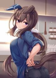 admire_vega_(umamusume) apron covered_breasts ear floppy_ears horse_girl kitchen tail umamusume