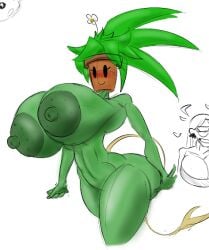 2d_(artwork) big_breasts blaster_master blaster_master_zero_2 blush breasts colored corruptuser_(artist) green_body green_hair green_skin hyper hyper_breasts hyper_nipples kanna_(blaster_master) mob_face nipples plantie png puffy_areola puffy_nipples tasteofchoklit thighs white_background