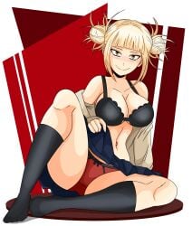 1girls big_breasts black_and_red_panties black_bra black_socks black_thighhighs blonde_hair blue_skirt blush bottomwear bra breasts cleavage clothing feet female female_only full_body hair himiko_toga knee_socks kneehighs kneesocks looking_at_viewer my_hero_academia picot_trim picot_trim_bra red_panties skirt_lift skirt_up smile socks solo solo_female sonson-sensei thick_thighs thighs topwear yellow_eyes