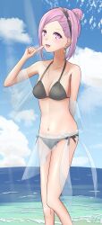 1girls absurdres bare_shoulders bikini black_bikini breasts earrings female female_only highres hotarune human jewelry kaguya-sama_wa_kokurasetai_~tensai-tachi_no_renai_zunousen~ koyasu_tsubame long_hair medium_breasts pink_hair solo swimsuit tagme water