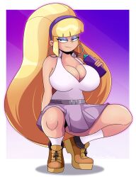 1girls aged_up alternate_breast_size ankle_socks anklehighs belt big_breasts big_hair black_eyes blonde_hair boots bottle bottomwear breasts cleavage clothing earrings eyeshadow female female_only full_body gravity_falls high_heel_boots high_heels holding_object hoop_earrings huge_breasts long_hair pacifica_northwest ponytail purple_eyeshadow purple_skirt shoes skirt smile socks solo solo_female sonson-sensei straight_hair topwear water_bottle white_socks