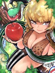 1girls above_view animal apple artist_signature big_breasts blonde_hair breasts brown_eyes cleavage female female_only marguerite one_piece sitting snake tagme takumi309moai tree