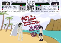 1boy 1girls black_boots black_hair black_hair_female black_hair_male black_shorts comission dialogue duo gameplay_mechanics health_bar konica_(npc5554) noah_(npc5554) npc5554 number numbers purple_eyes red_eyes sexfight sexual_competition straight tagme text topless topless_male white_panties white_skin