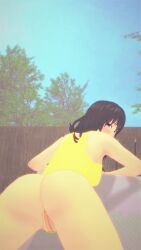 1girls bending_over bent_over bikini black_hair blush blush blushing_at_viewer brown_eyes female female_only folding_chair looking_at_viewer outside smile smiling smiling_at_viewer solo solo_female swimsuit swimsuit_aside ydnar yellow_bikini yellow_swimsuit