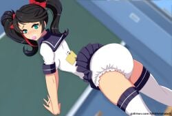 1girls black_hair blackboard blue_eyes blush bow_in_hair classroom diaper earrings game_cg lilith-fetish pacifier ribbon_in_hair school_uniform skirt skirt_lift sofia's_secret sofia_(sofia's_secret) stockings twintails white_diaper