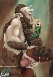 anal anal_sex armor beastman beastman_(warhammer) black_eyes black_pupils black_sclera blonde_hair clothed_sex elf elf_female elf_girl english_text facemask female fingering forest forest_background fully_black_eyes hand_on_hip horns horsecock juiceboxr34_(artist) kerillian mask standing standing_doggy_style standing_sex text ungor_(warhammer) vermintide warhammer_(franchise) warhammer_fantasy wood_elf wood_elf_(warhammer)