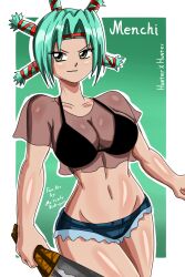 1girls breasts cleavage cowboy_shot curvy denim denim_shorts female female_only green_hair human hunter hunter_x_hunter large_breasts light-skinned_female light_skin menchi naughty_face short_hair short_shorts shounen_jump solo thick_thighs tight_clothing tight_fit tight_pants voluptuous wide_hips