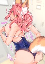 1girls animal_ears ass bangs bare_shoulders blue_swimsuit blush breasts competition_swimsuit eyebrows eyebrows_visible_through_hair eyelashes eyelashes_visible_through_hair fate/extra fate_(series) female female_ass fox_ears fox_girl fox_tail from_behind highres large_breasts looking_at_viewer looking_back one-piece_swimsuit parted_lips pink_hair solo swimsuit tail tamamo_no_mae_(fate) type-moon wisespeak yellow_eyes