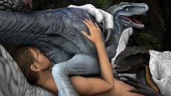 blowjob blue_(jurassic_world) claws cloaca dinosaur facesitting feral forest group_sex human indominus_rex indoraptor interspecies ivorylagiacrus jurassic_world licking night paws penis raptor render sandwich source_filmmaker teeth thighs tongue velociraptor zoophilia