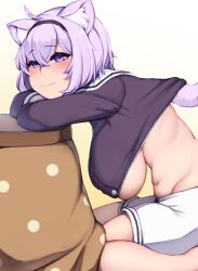 big_breasts breasts cat_ears cat_tail catgirl dantes_ward hololive hololive_gamers hololive_japan huge_breasts nekomata_okayu shirt_lift short_hair shorts underboob virtual_youtuber