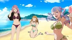 3girls armwear bangs big_breasts bikini bikini_bottom bikini_top black_bulls_uniform black_clover breasts earrings eyelashes female female_only green_eyes green_scales hi_res ice_cream leozurcxxx lingerie looking_at_viewer mimosa_vermillion multiple_girls noelle_silva orange_hair pink_eyes pink_hair ribbon silver_hair simple_background smile teenager twintails vanessa_enoteca white_hair