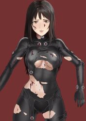 black_hair blood blood_on_face blush bodysuit brown_hair female female_only gantz gantz_suit latex latex_suit long_hair looking_at_viewer medium_breasts nipple_bulge red_background reika_shimohira skin_tight solo sweat tight_clothing torn_clothes underboob