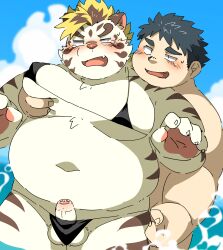 2022 anthro balls belly big_belly bikini blush chubby_protagonist_(tas) clothed clothing cloud crossdressing duo erection felid genitals groping_from_behind hi_res human human_on_anthro humanoid_genitalia humanoid_hands humanoid_penis interspecies kemono licho_(tas) lifewonders male male/male mammal moob_grab moobs navel outside overweight overweight_male pantherine penis protagonist_(tas) ptcmtr swimwear tiger tokyo_afterschool_summoners video_games water white_body