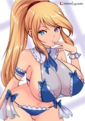 blonde_hair blue_eyes blue_lingerie enly_art lace-trimmed_bra lace-trimmed_panties lacy_bra lacy_panties lingerie metroid samus_aran sugarbell